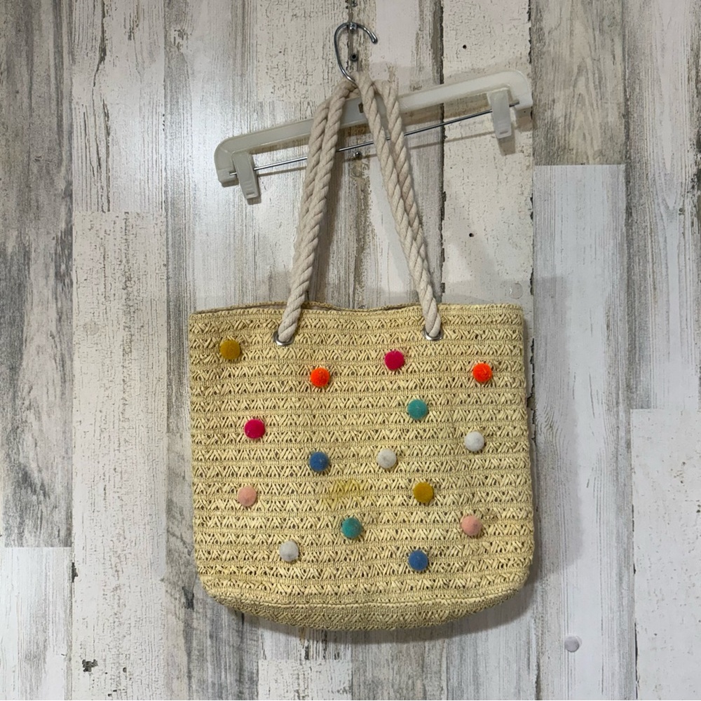 Woven Straw Tote Bag with Colorful Pom Poms - Cream